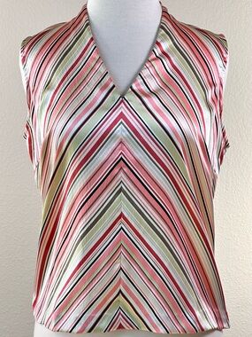 Talbots 100% Silk Chevron Stripe Blouse Pink Green Preppy Coastal Old Money Sz 8